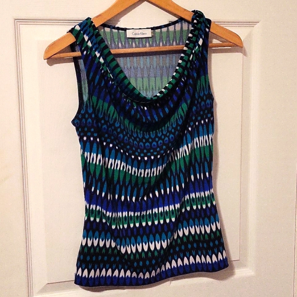 CALVIN Klein waterfall plunge neckline sleeveless blouse geometric pattern,XS